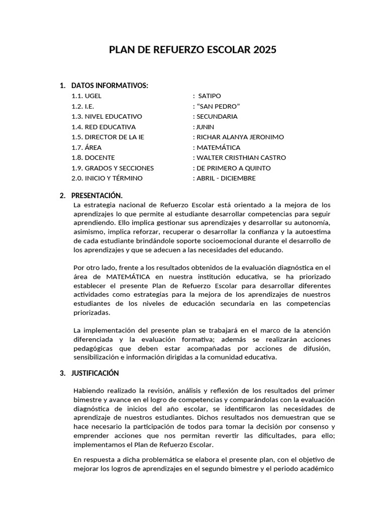 Plan de Refuerzo Escolar 2025 | PDF | Datos | Aprendizaje
