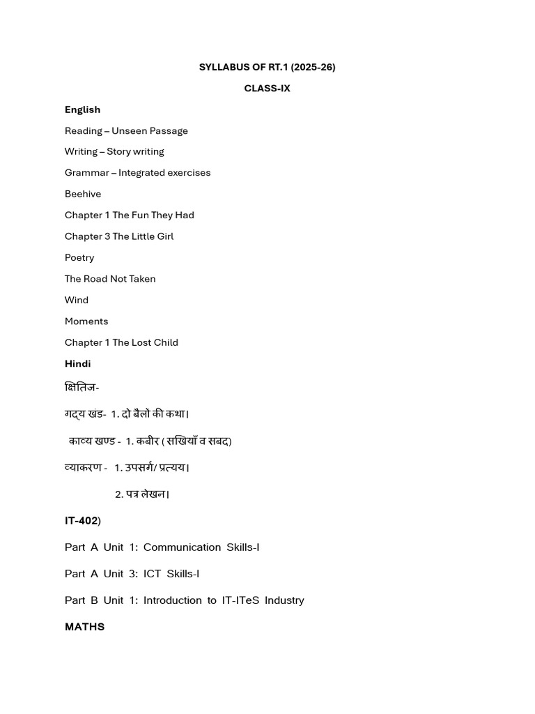Class 9th Syllabus RT1 | PDF