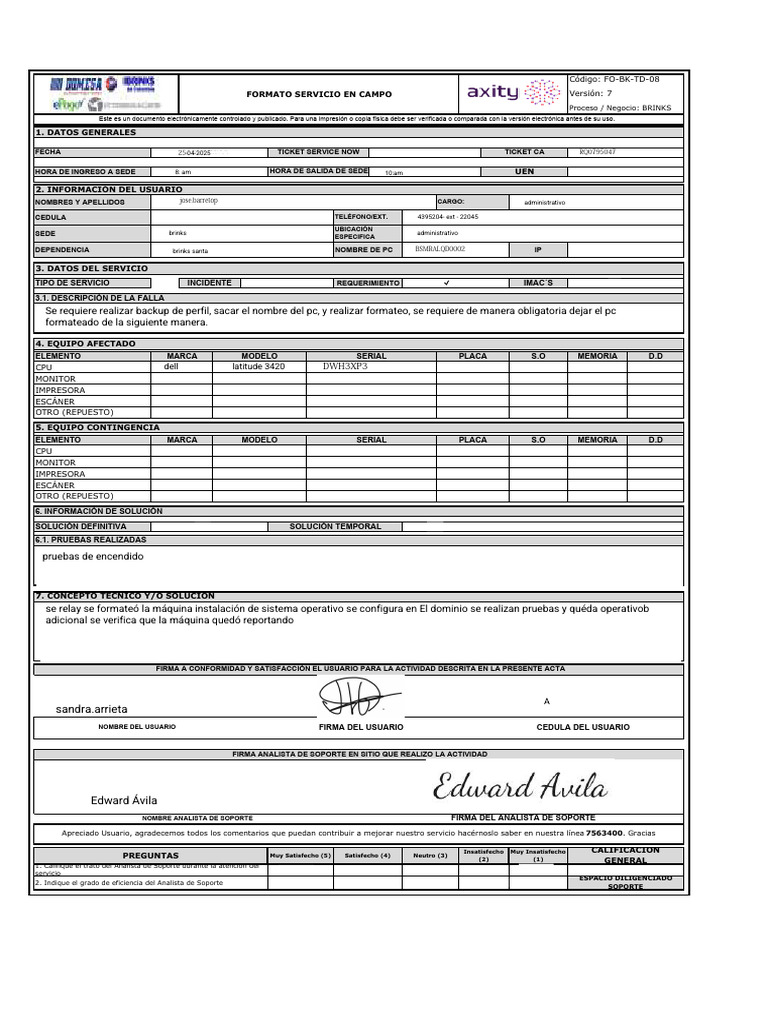 Formato de Servicio Técnico Brinks | PDF | Equipo de oficina | Hardware ...