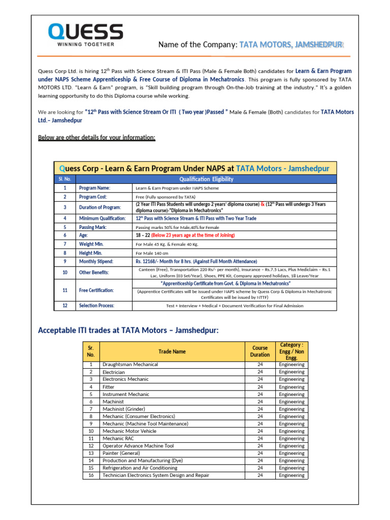 Tata Motors Jamshedpur Apprentice Program | PDF | Machinist ...