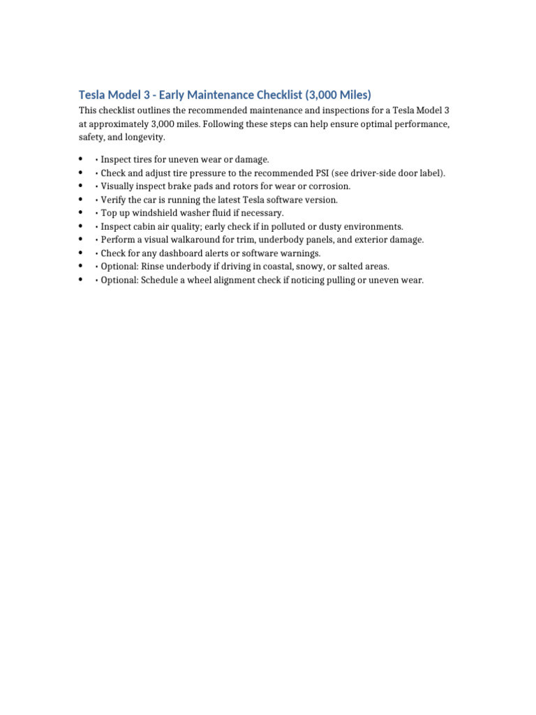 Tesla Model 3 3,000 Mile Maintenance Checklist | PDF