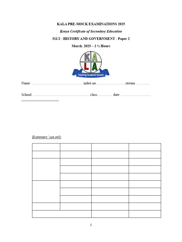 KCSE 2025 History Paper 2 Mock Exam | PDF