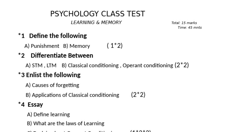 Psychology Class Test on Learning & Memory | PDF