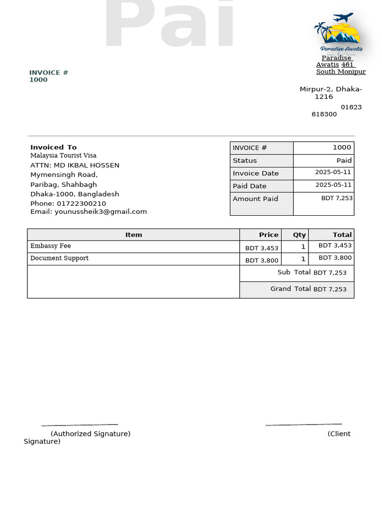 Invoice # 1000: Paradise Awatis 461 South Monipur - 2 01623 618300 | PDF