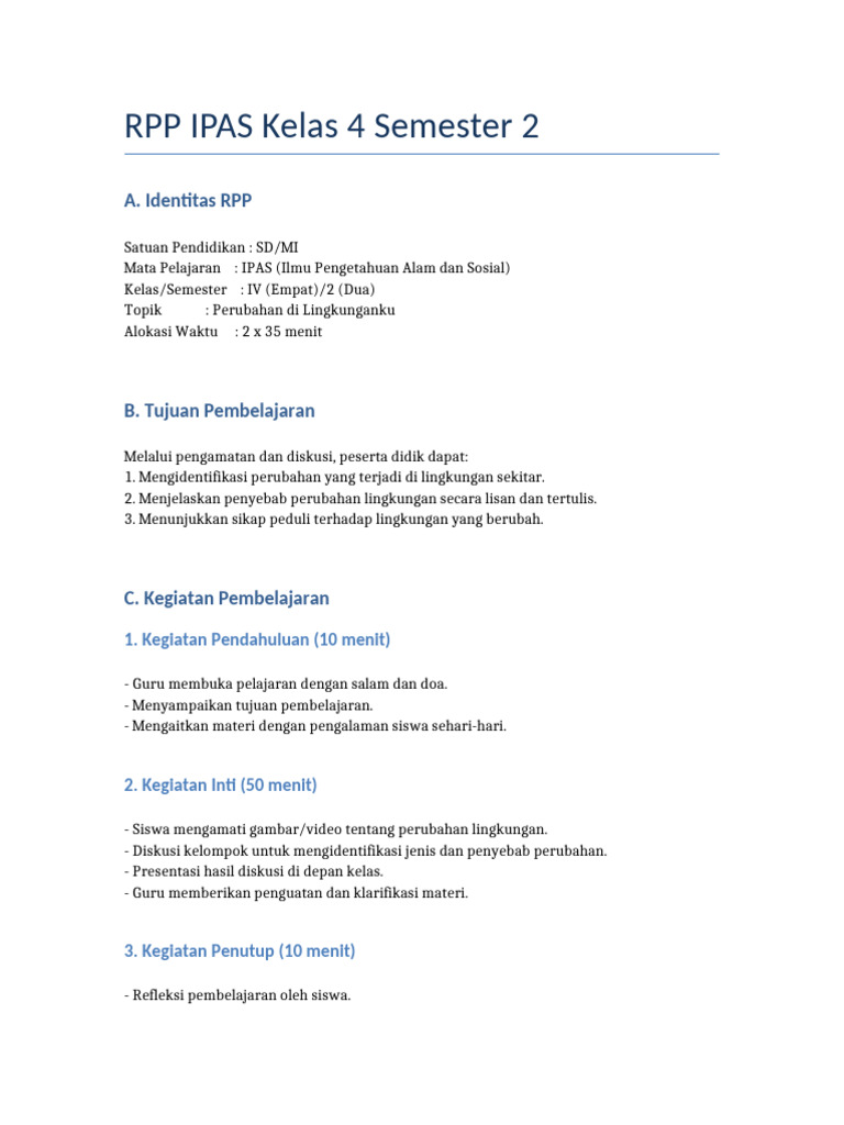 RPP IPAS Kelas 4 Semester 2 | PDF