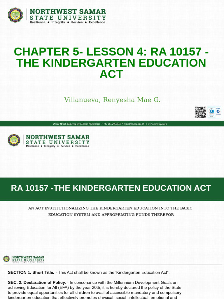 RA 10157: Kindergarten Education Act | PDF | Kindergarten | Teachers