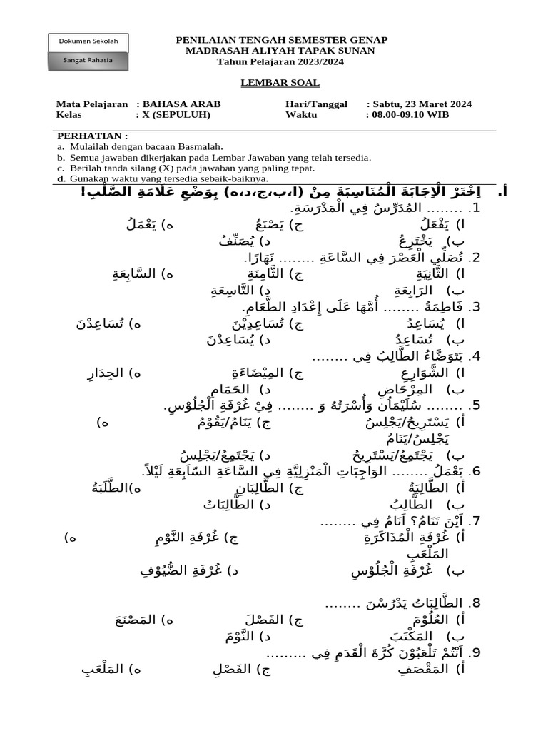 Soal Bahasa Arab X PTS Genap | PDF