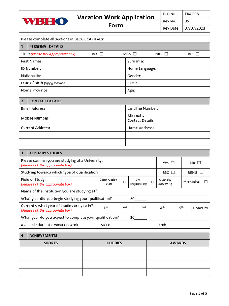 TRA 003 Vacation Work Application Form Fillable Rev 05 | PDF