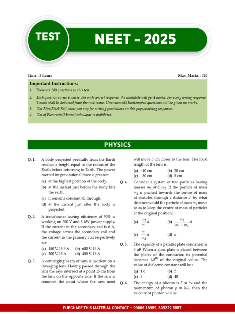 NEET 2025 Physics Test Instructions and Questions | PDF | Physical ...