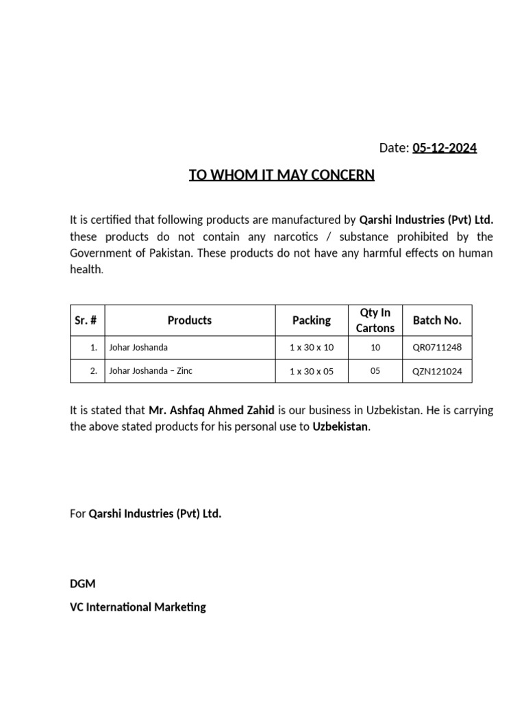 Qarshi Products Health Certification | PDF