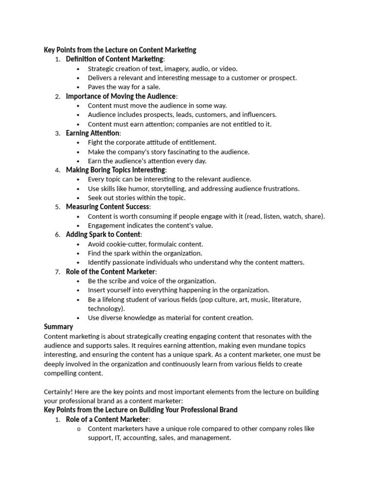 Key Points From The Lecture On Content Marketing | PDF | Marketing | Brand