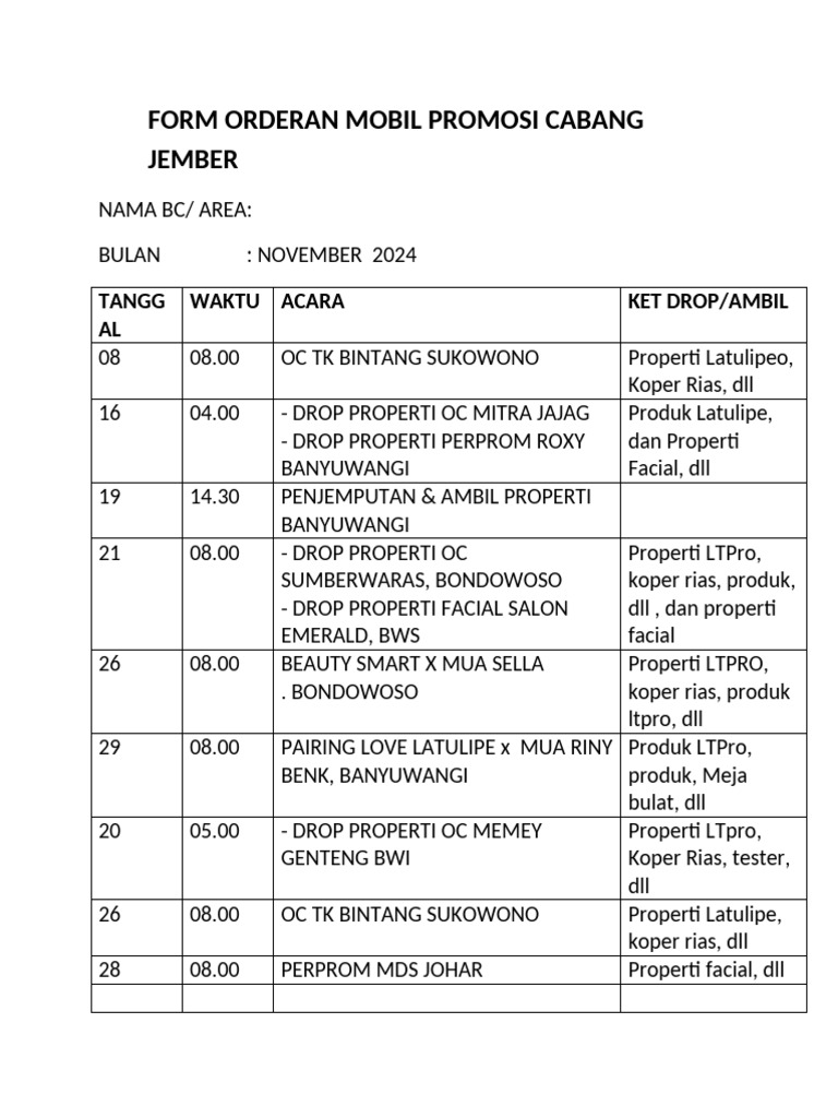 Form Order Mobil JBR 1 | PDF