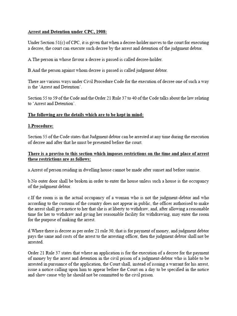 Arrest and Detention under CPC Explained | PDF | Judgment (Law ...