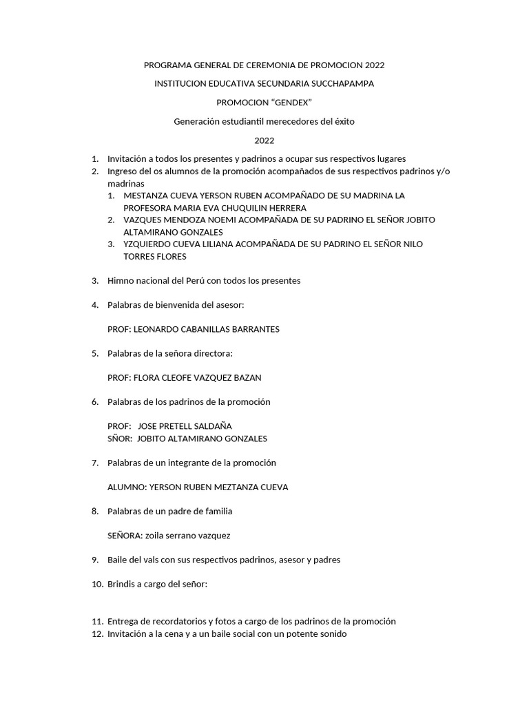 Programa General de Ceremonia de Promocion 2022 | PDF