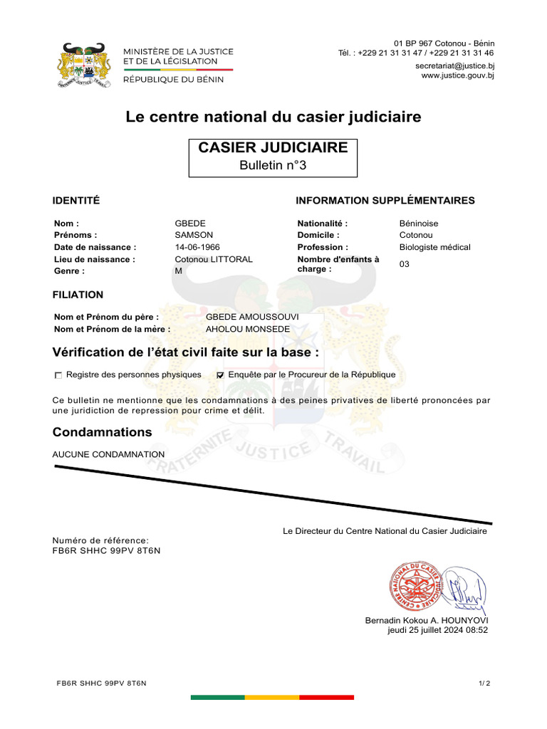 Bulletin de casier judiciaire au Bénin | PDF | Justice | Crime et violence