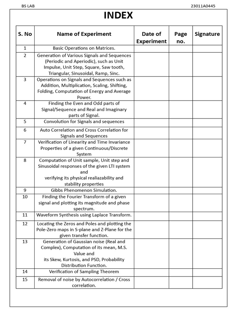 BS Lab Index-445 | PDF