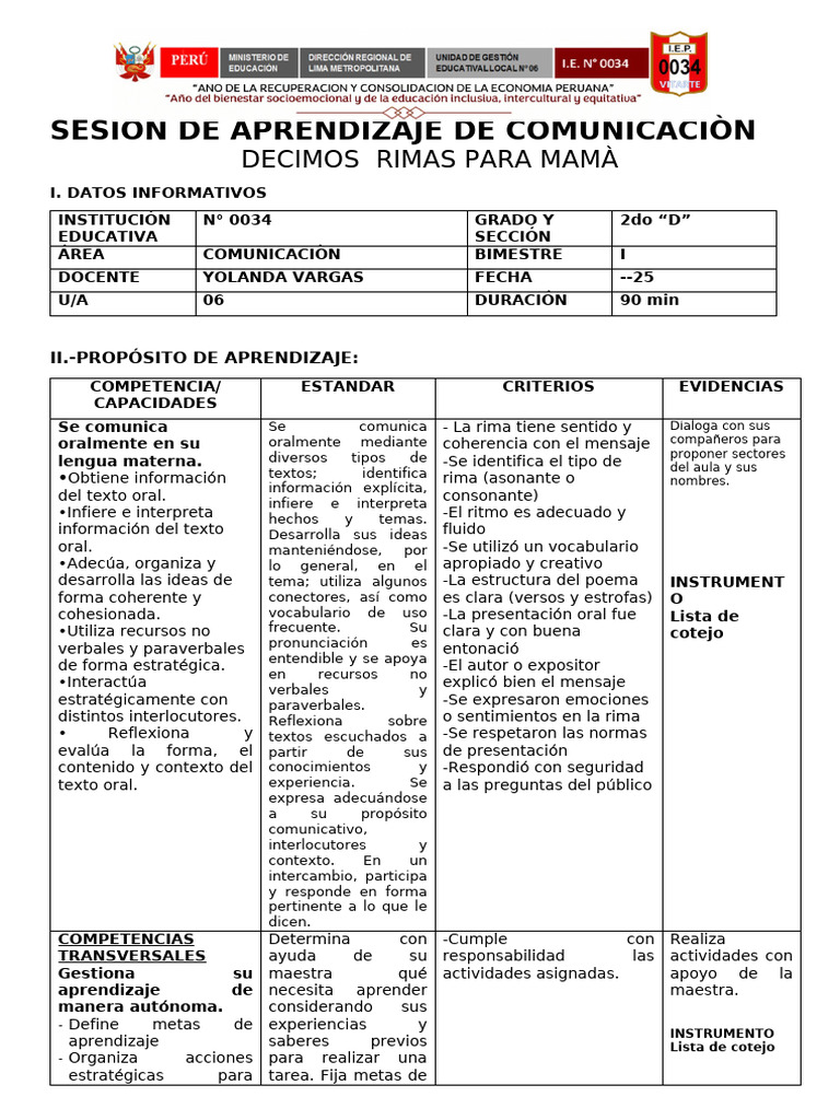 Sesiòn de Comunicaciòn Decimos Rimas para Mamà | PDF | Aprendizaje | Rima
