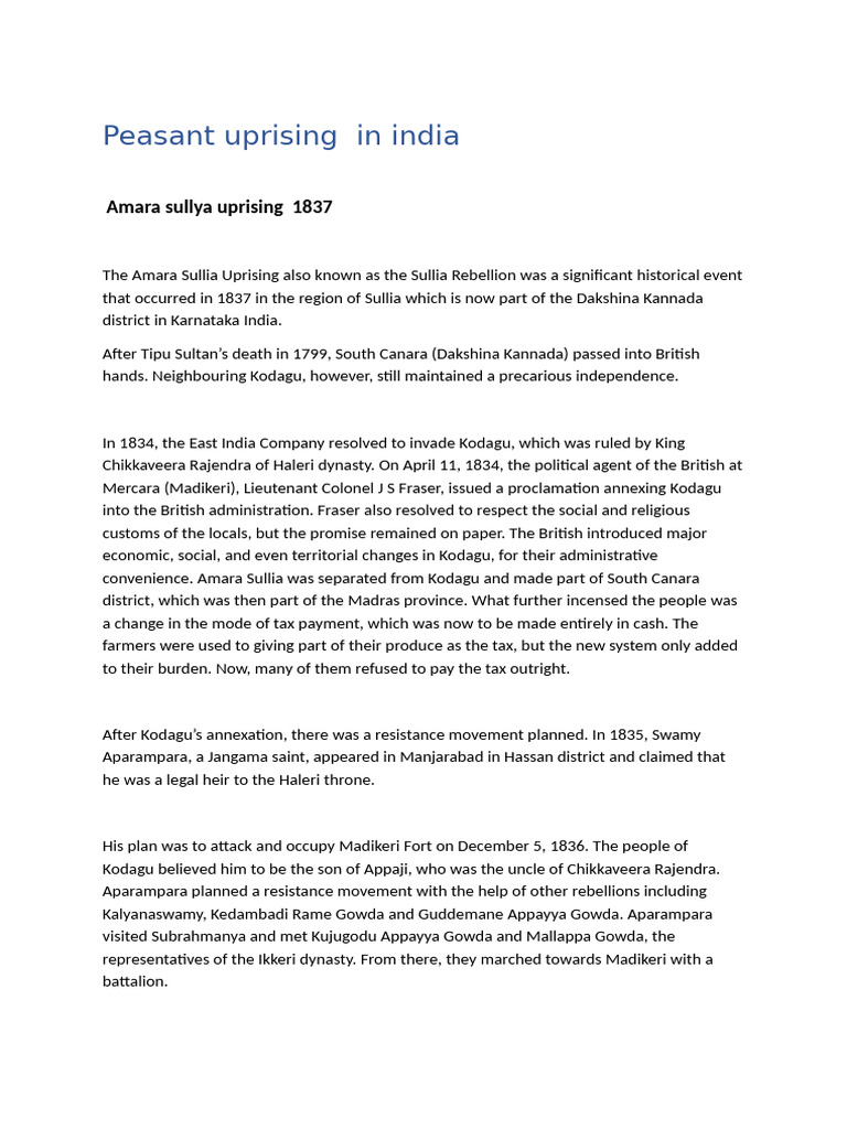 Amara Sullia Peasant Uprising of 1837 | PDF