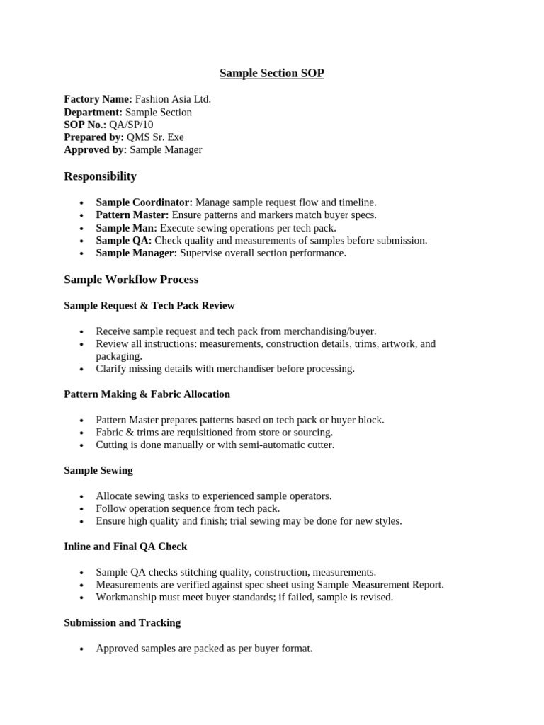 Sample Section SOP for Fashion Asia Ltd. | PDF | Sewing