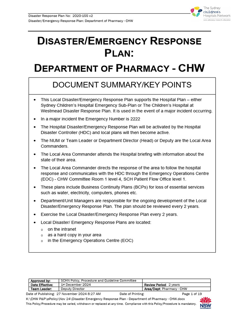 Pharmacy Disaster Response Plan CHW | PDF | Pharmacy | Refrigerator