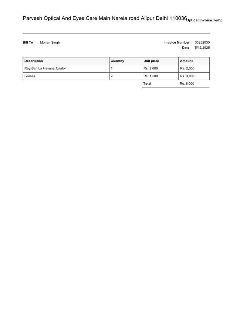 Optical Invoice for Ray-Ban and Lenses | PDF