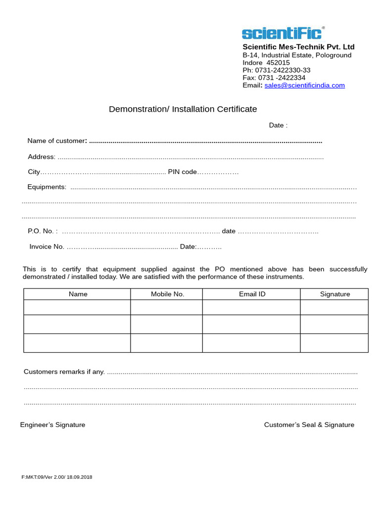 F-MKT-09 - Demonstration Installation Certificate Ver 2 00 | PDF ...