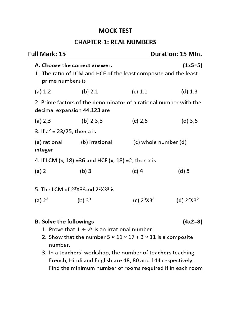 MOCK TEST - Maths - CH 1 | PDF