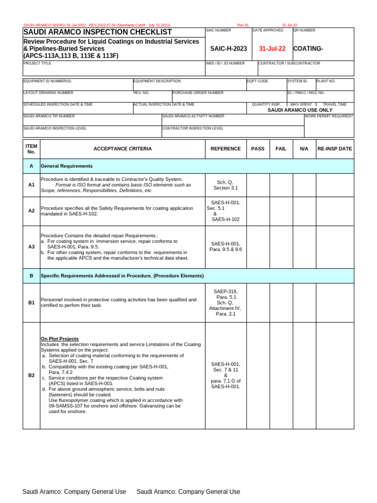 Saudi Aramco Inspection Checklist Guide | PDF | Screw | Pipe (Fluid ...