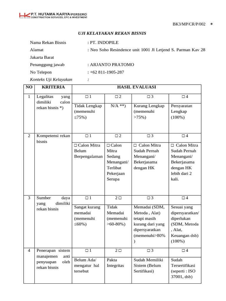 Form Only MP-CR-P-002 Prosedur Uji Kelayakan Rekan Bisnis PT. Indopile ...