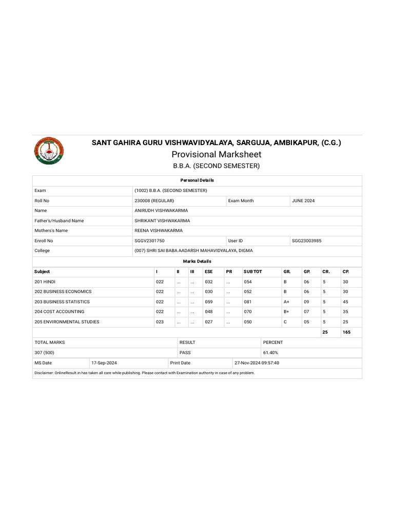 B.B.A. Second Semester Marksheet 2024 | PDF