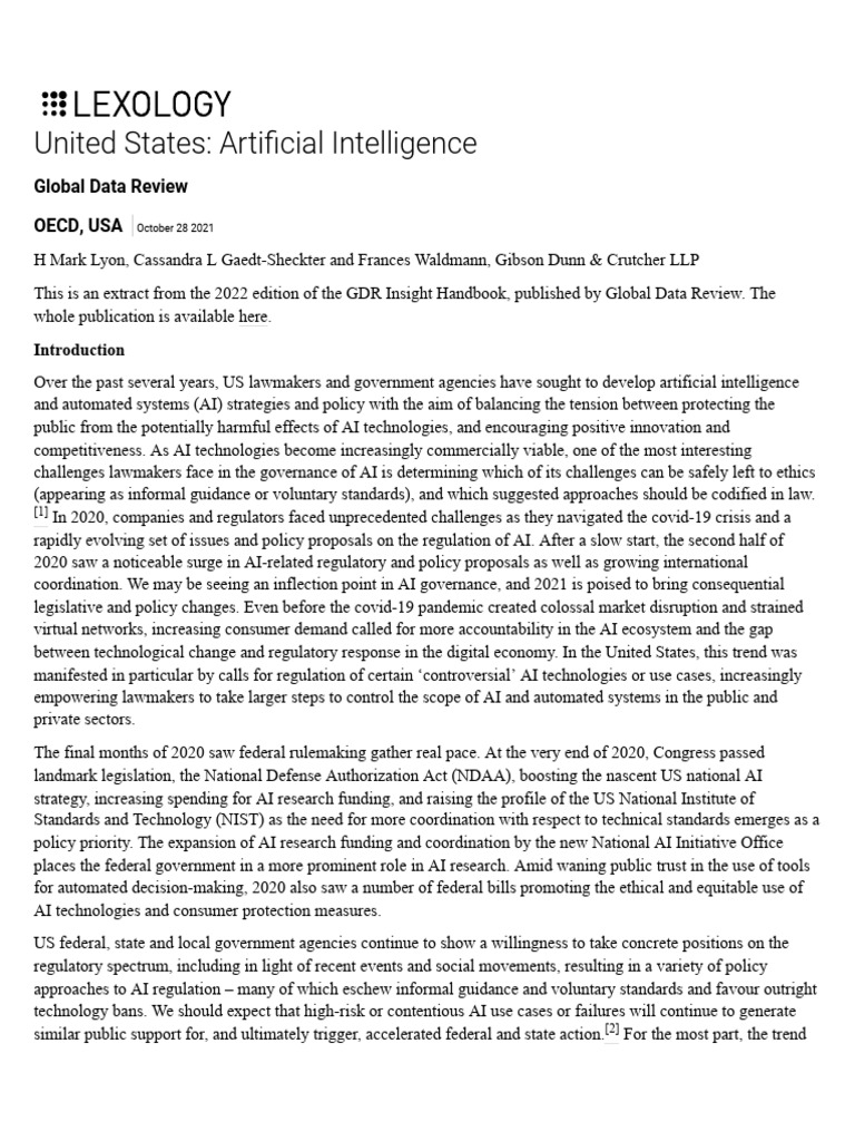 US AI Regulation and Policy Overview | PDF | Artificial Intelligence ...