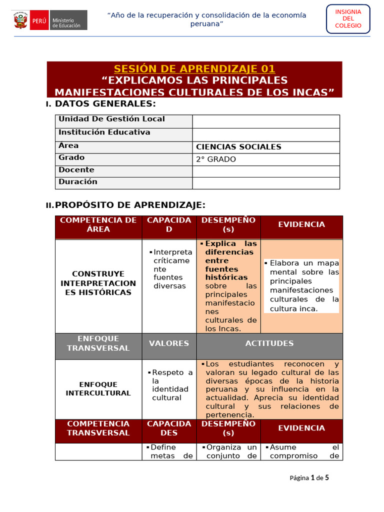 Manifestaciones Culturales Incas 2° Grado | PDF | Imperio Inca | Perú