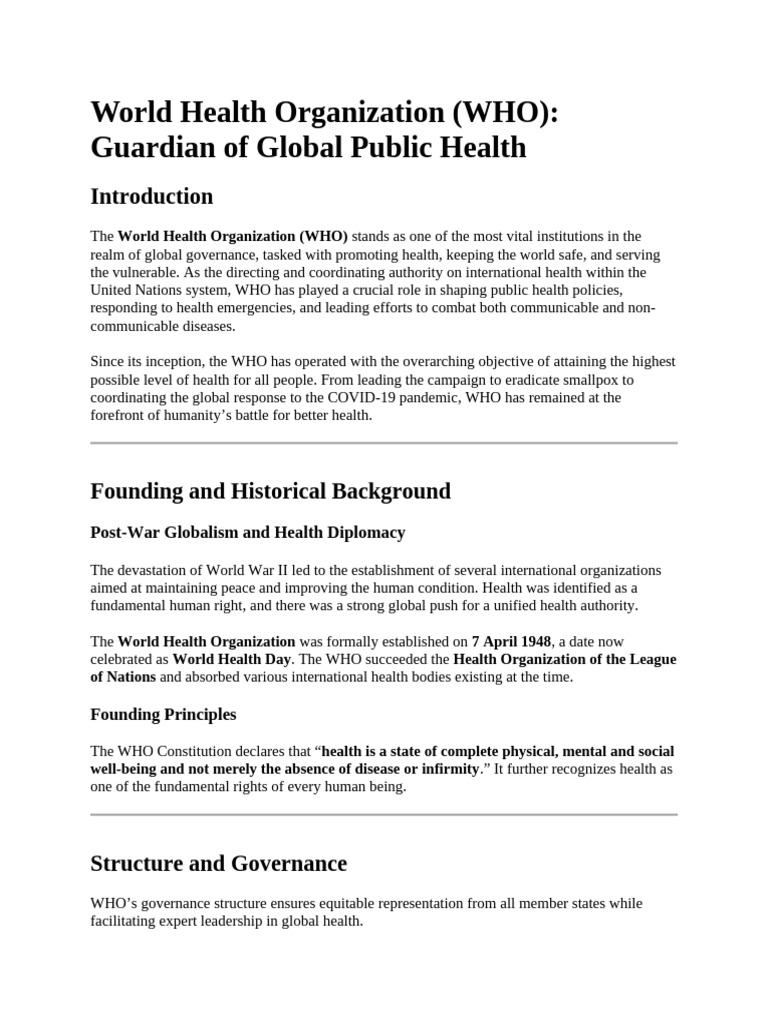 WHO: Founding and Global Impact | PDF | World Health Organization ...