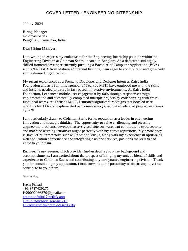 Cover Letter - Engineering Internship | PDF