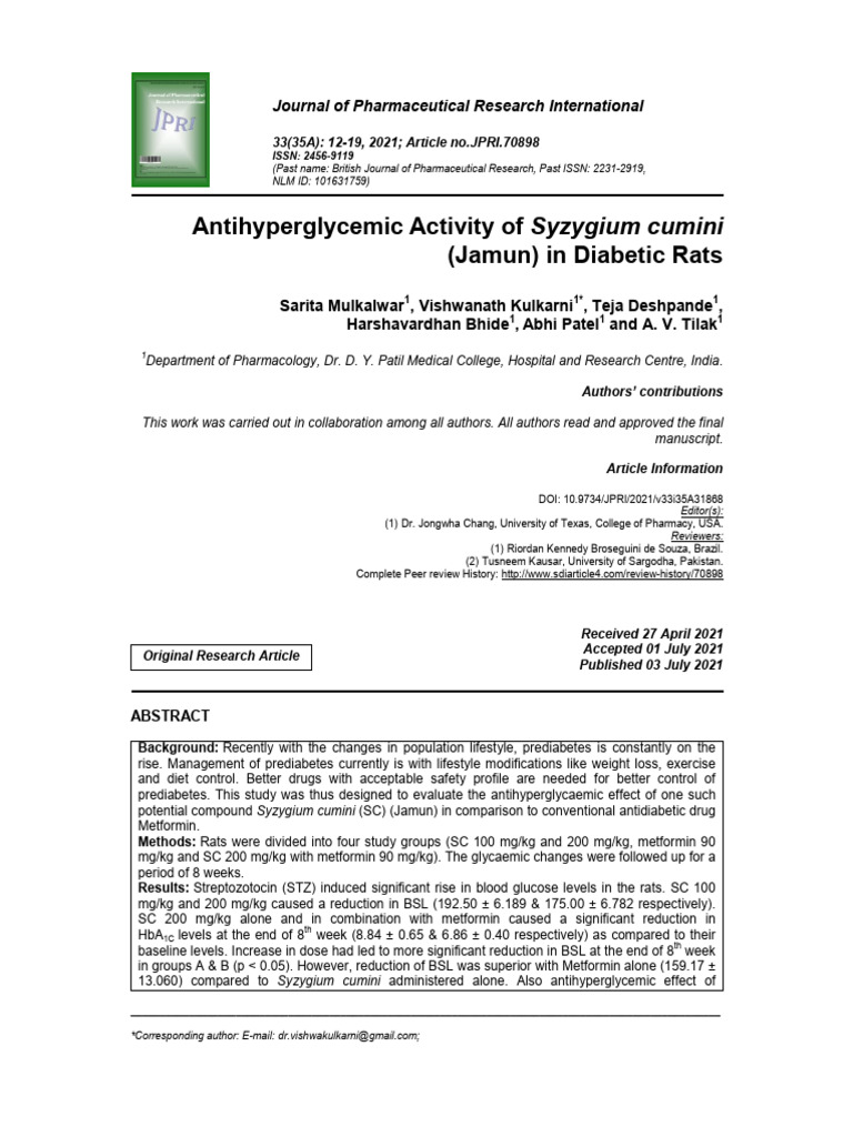 Syzygium cumini and Metformin in Diabetes | PDF | Prediabetes | Medicine