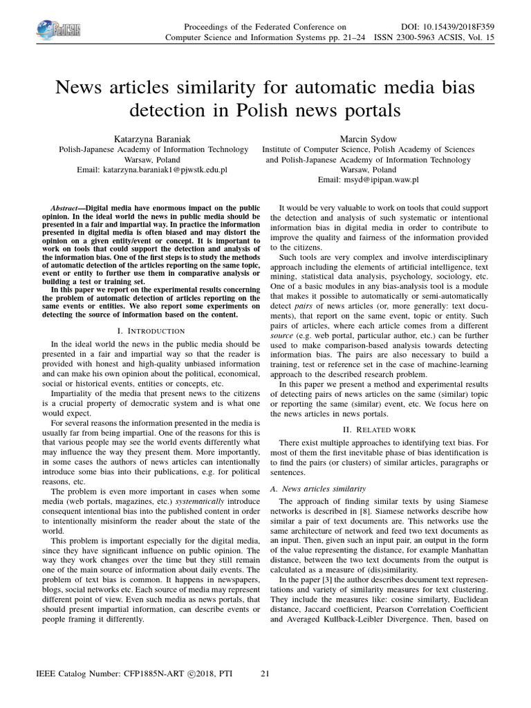 News Articles Similarity For Automatic Media Bias Detection in Polish ...