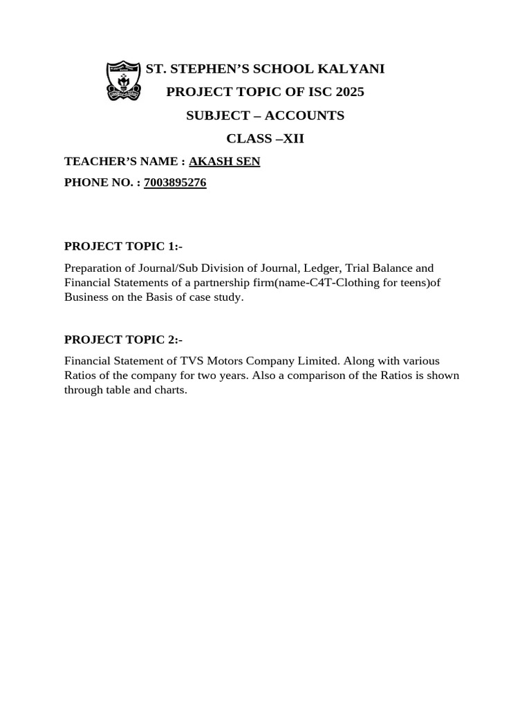 ISC 2025 Accounts Project Topics | PDF