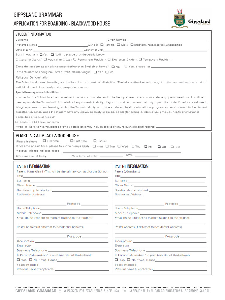 Gippsland Grammar Boarding Application Form | PDF