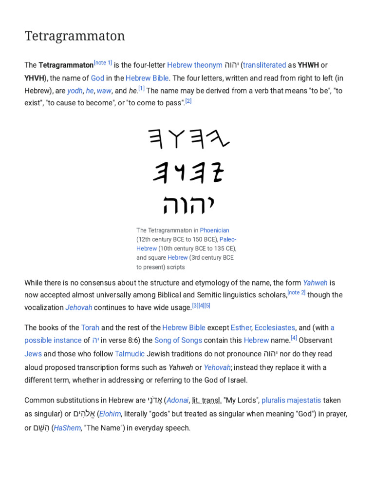 Tetragrammaton - Wikipedia | PDF | Tetragrammaton | Names Of God In Judaism