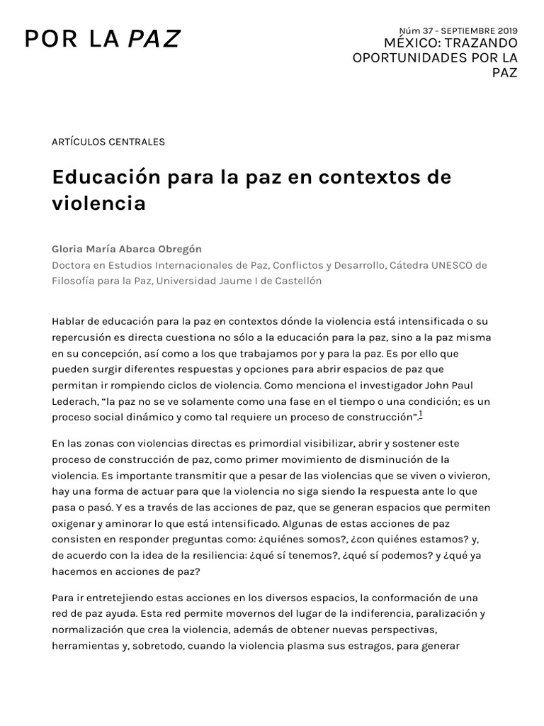 Educacion para La Paz en Contextos de Violencia | PDF | Paz | Violencia