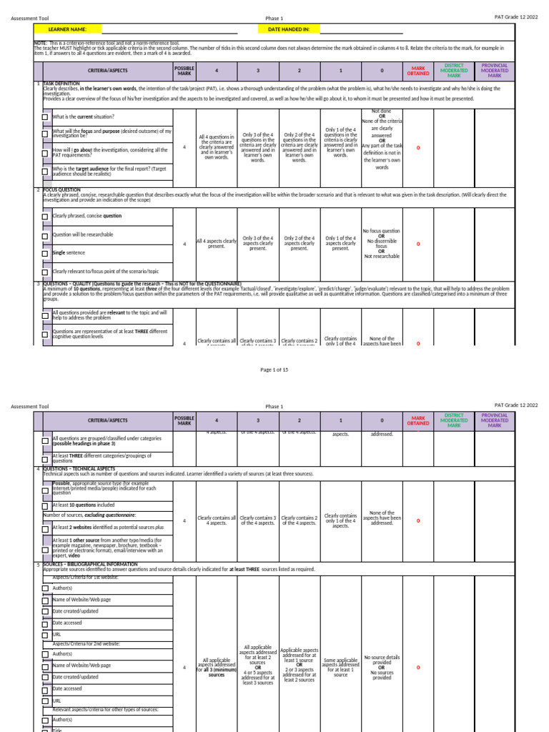 Grade 12 PAT Assessment Tool 2022 | PDF | Spreadsheet | Databases