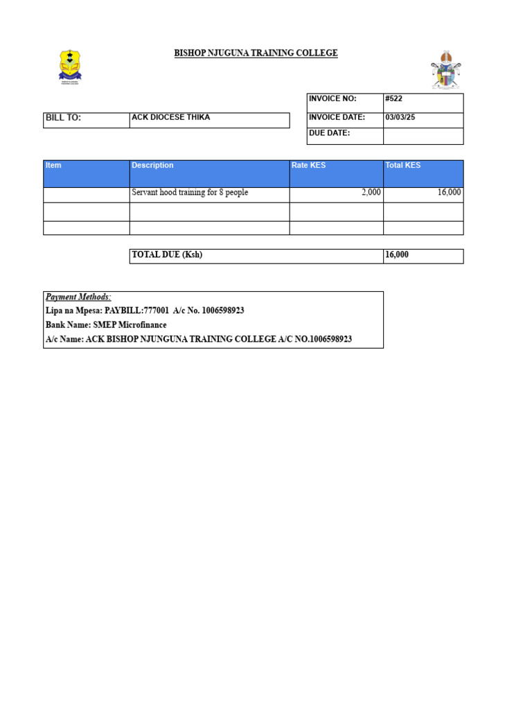 ACK Thika Diocese Training Invoice | PDF