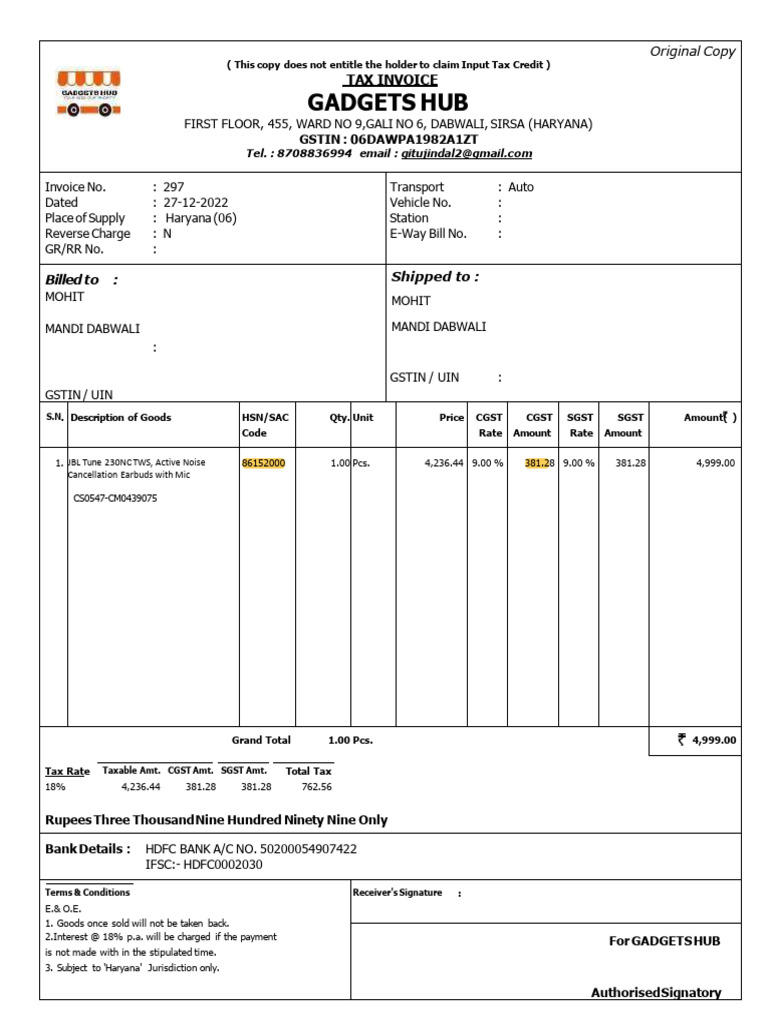 JBL Tune 230 Invoice from Gadgets Hub | PDF | Public Finance | Taxation