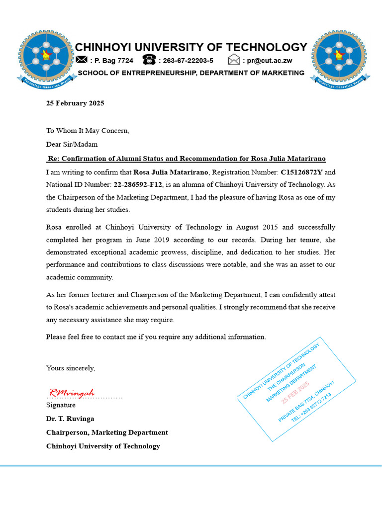 Reference Letter R.J. Matarirano-1 | PDF