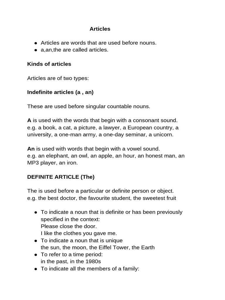 Articles Overview for Class 7 | PDF