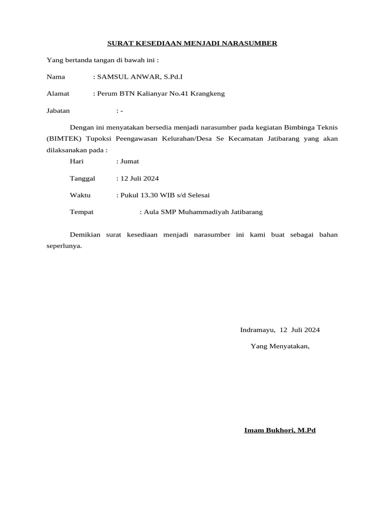 Surat Kesediaan Narasumber BIMTEK | PDF