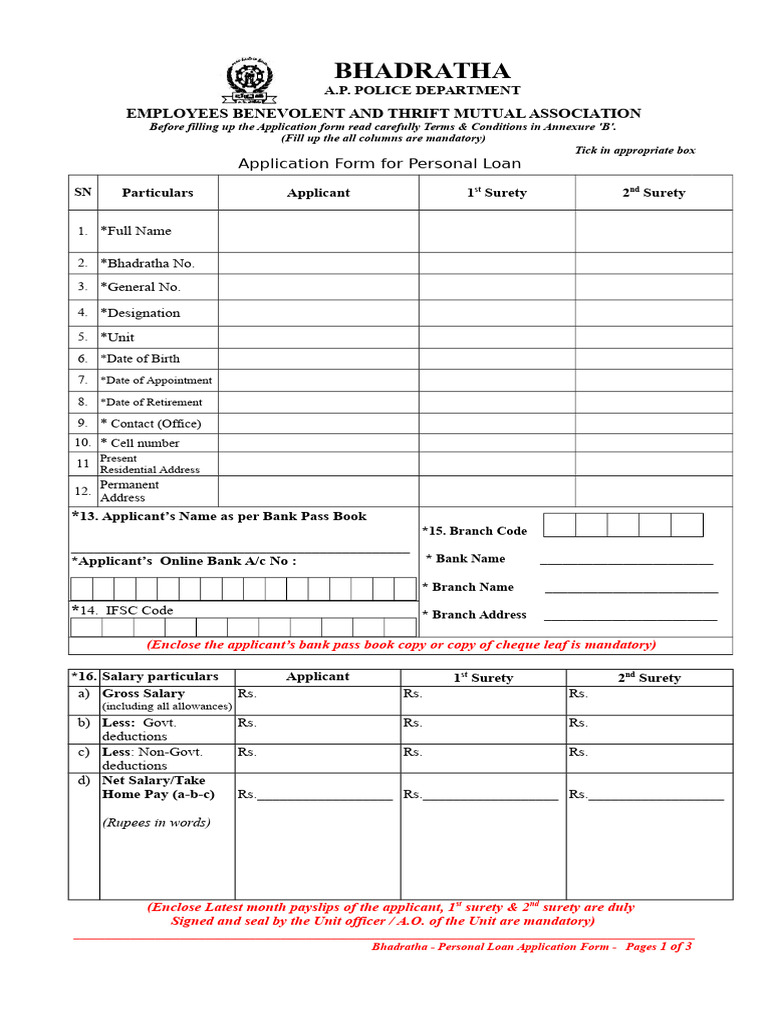 Bhadratha Personal Loan Application Form | PDF | Loans | Interest