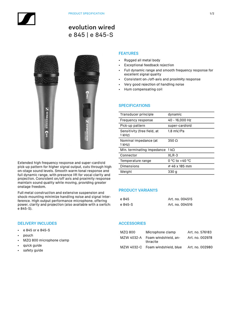 SP 1210 v1 0 e 845 e 845 S Product Specification en | PDF | Microphone ...