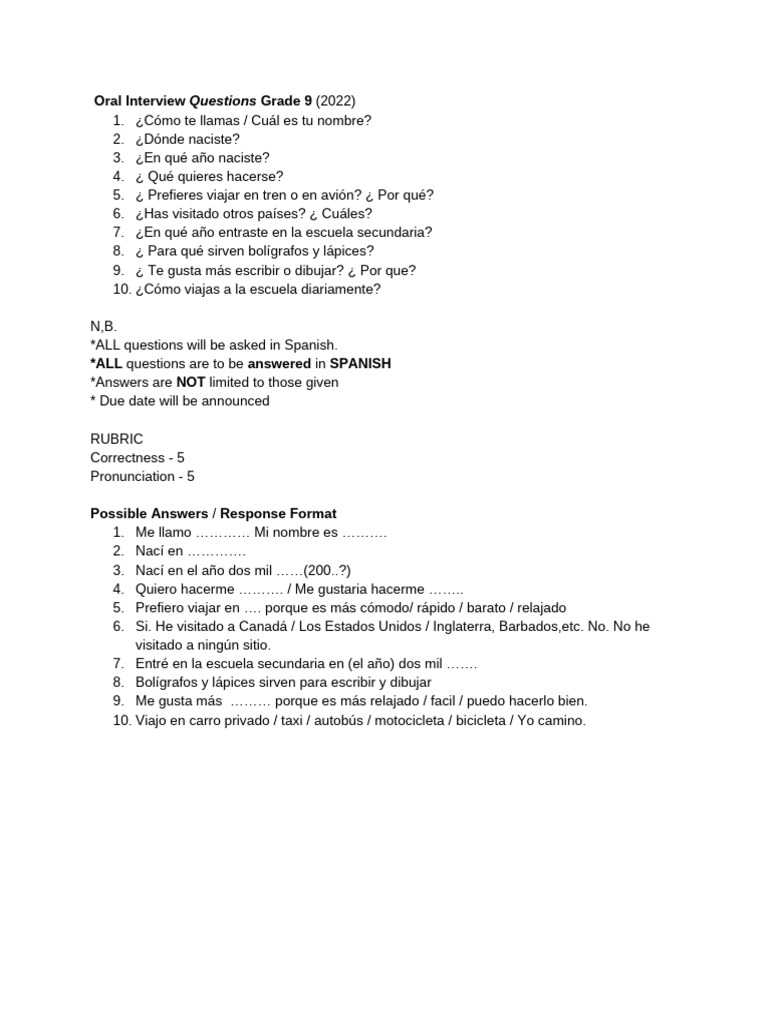 Preguntas de Entrevista Oral 9° Grado | PDF