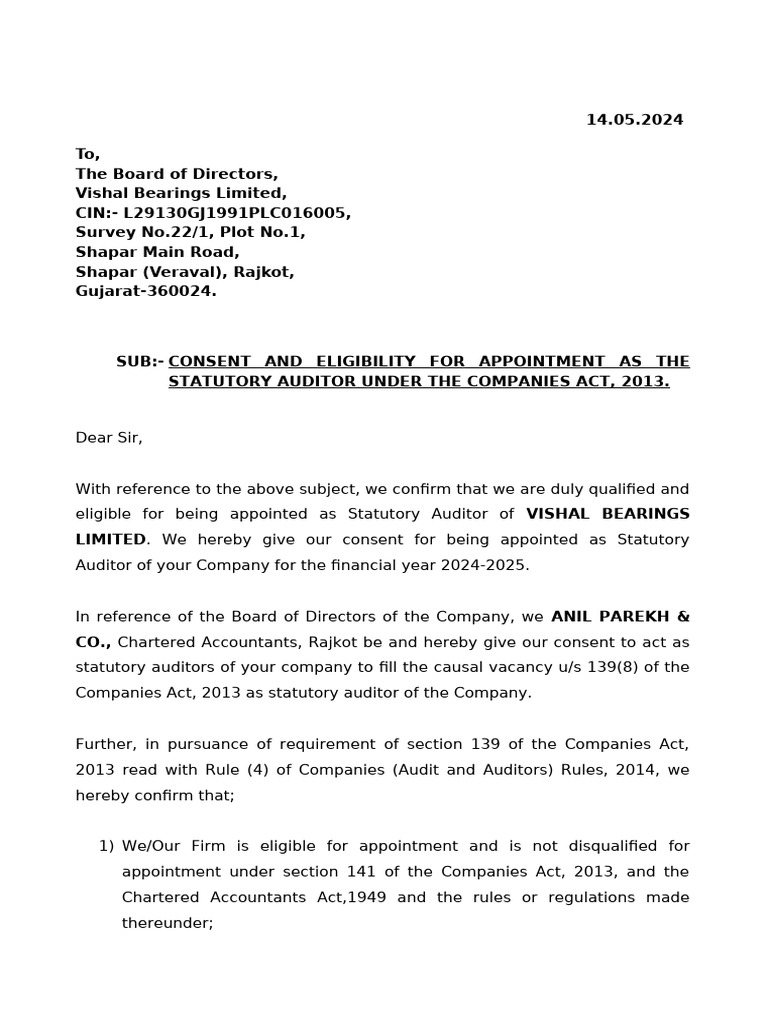 Auditor Consent for Vishal Bearings | PDF